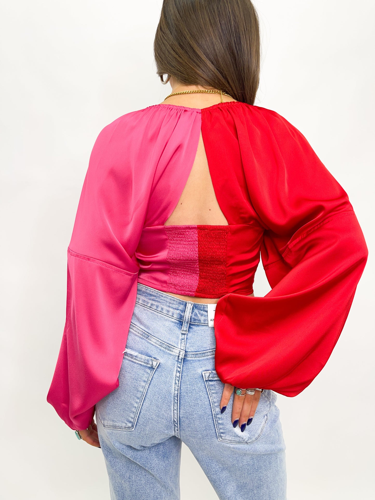 Color Blocked Satin Crop Top - Red and Pink