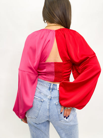 Color Blocked Satin Crop Top - Red and Pink