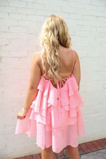 Tiered Rose Bud Halter Dress - Pink