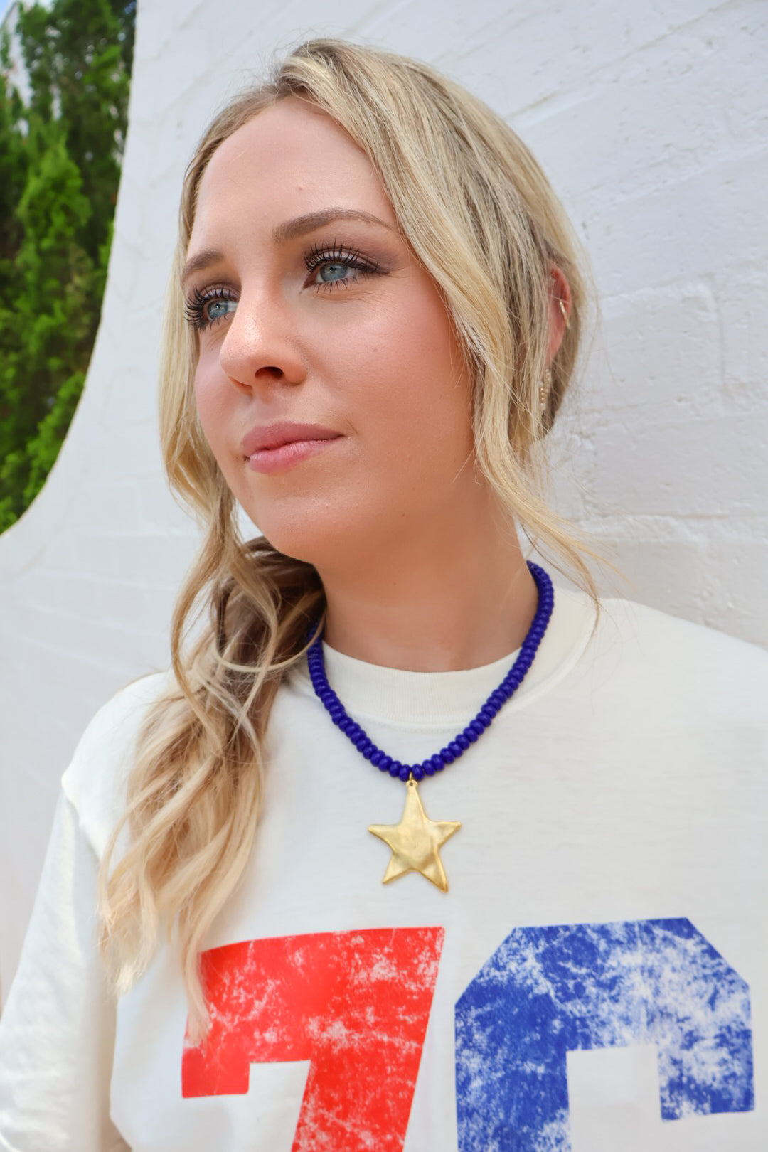 Navy Beaded Gold Star Choker Necklace