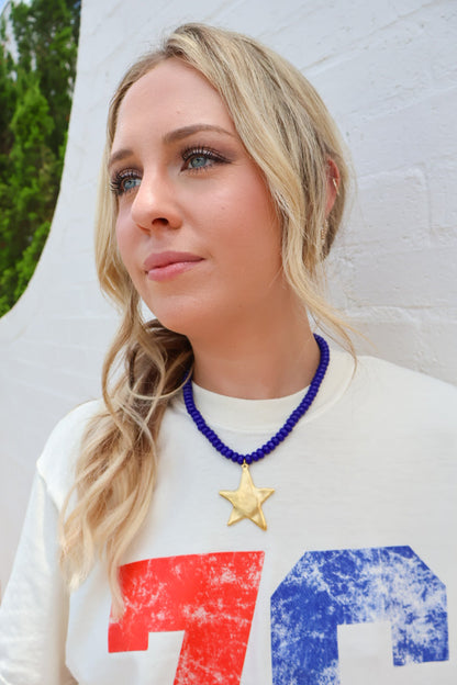 Navy Beaded Gold Star Choker Necklace