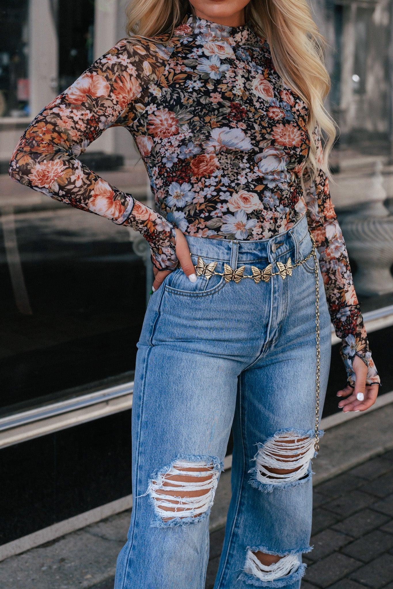 Promises Floral Semi-Sheer Mesh Long Sleeve Knit Top