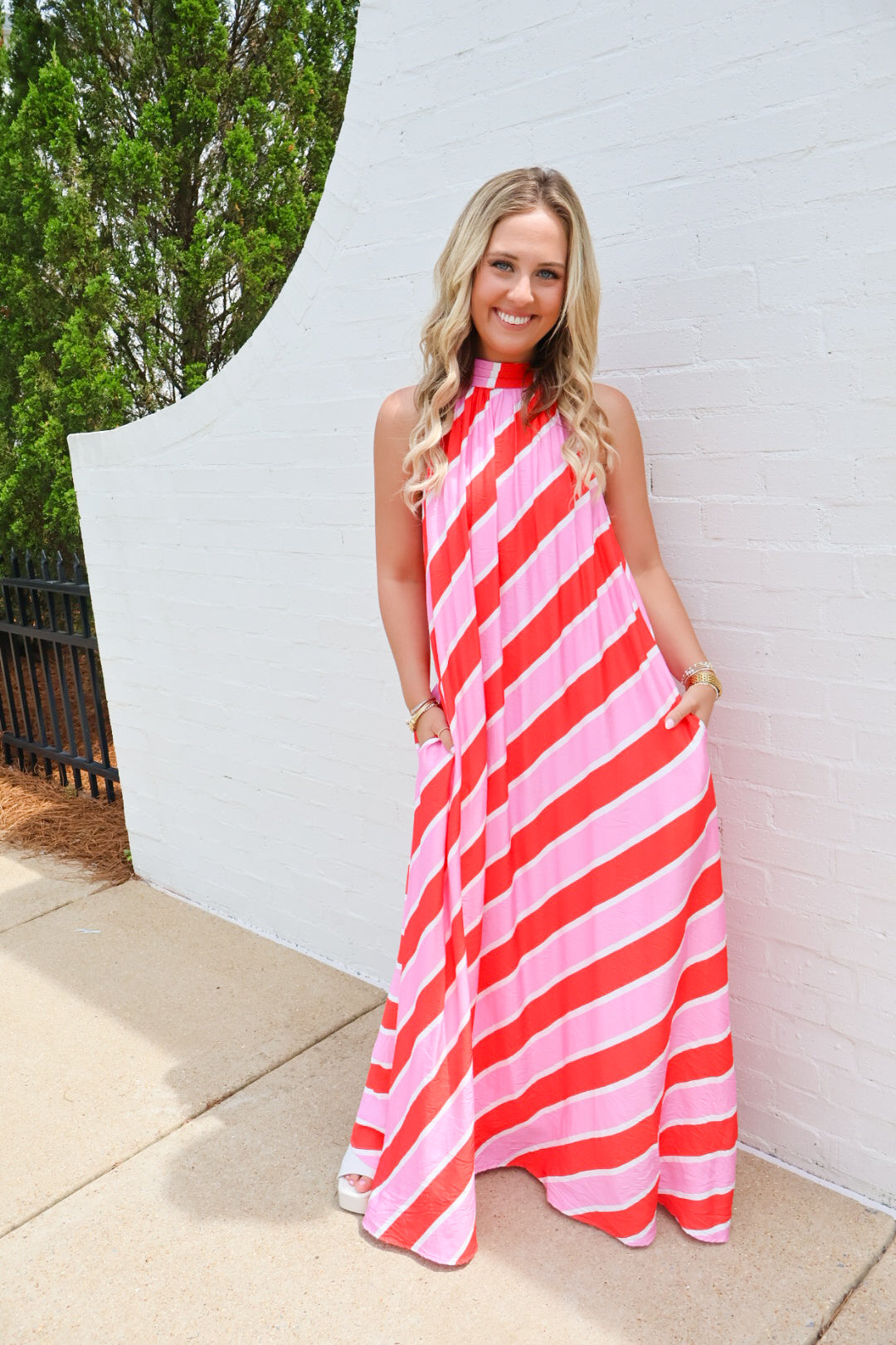 Pink Striped Halter Maxi Dress