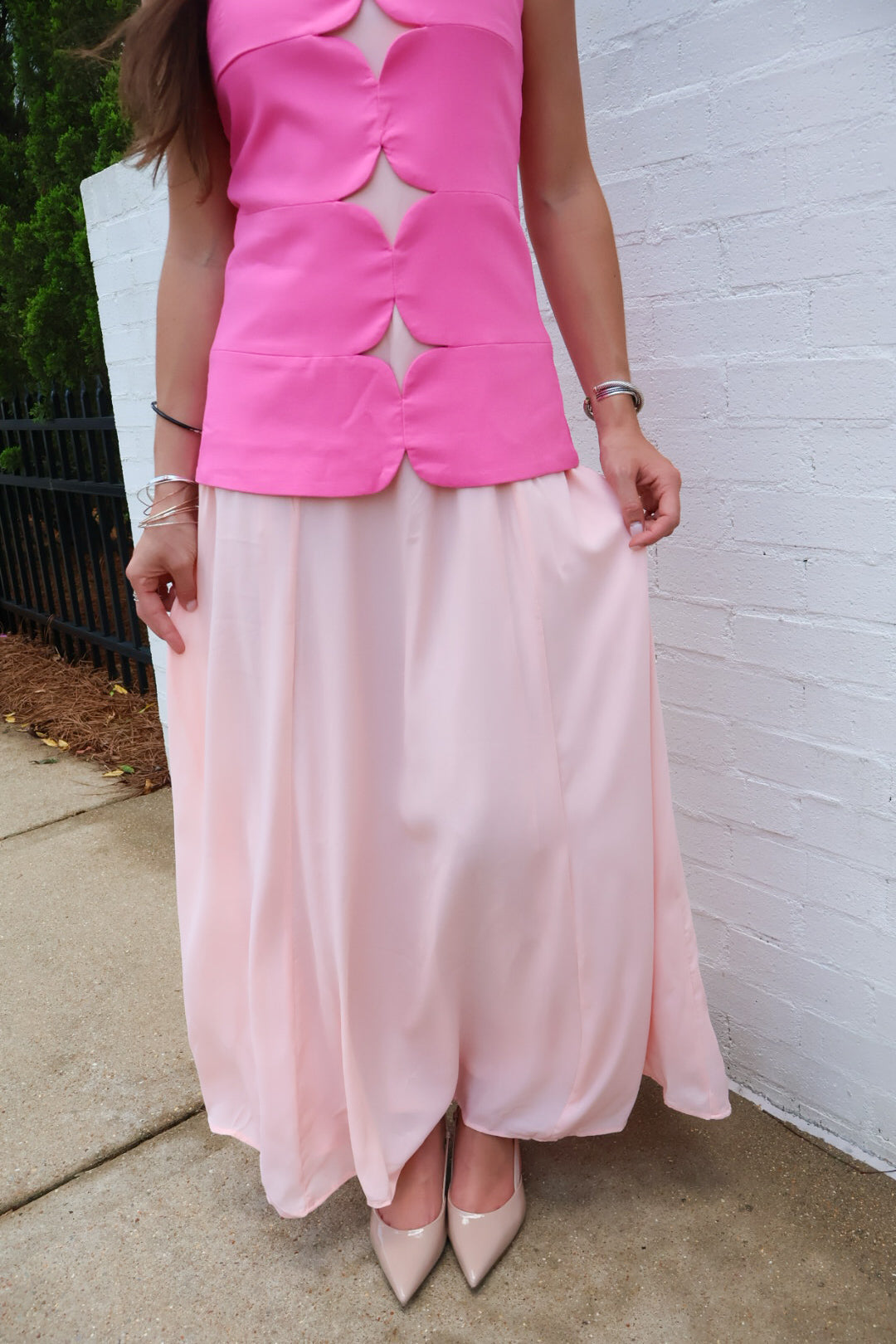 Pink Cutout Bodice Maxi Dress with Chiffon Skirt