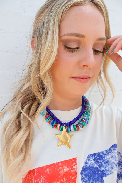 Navy Beaded Gold Star Choker Necklace