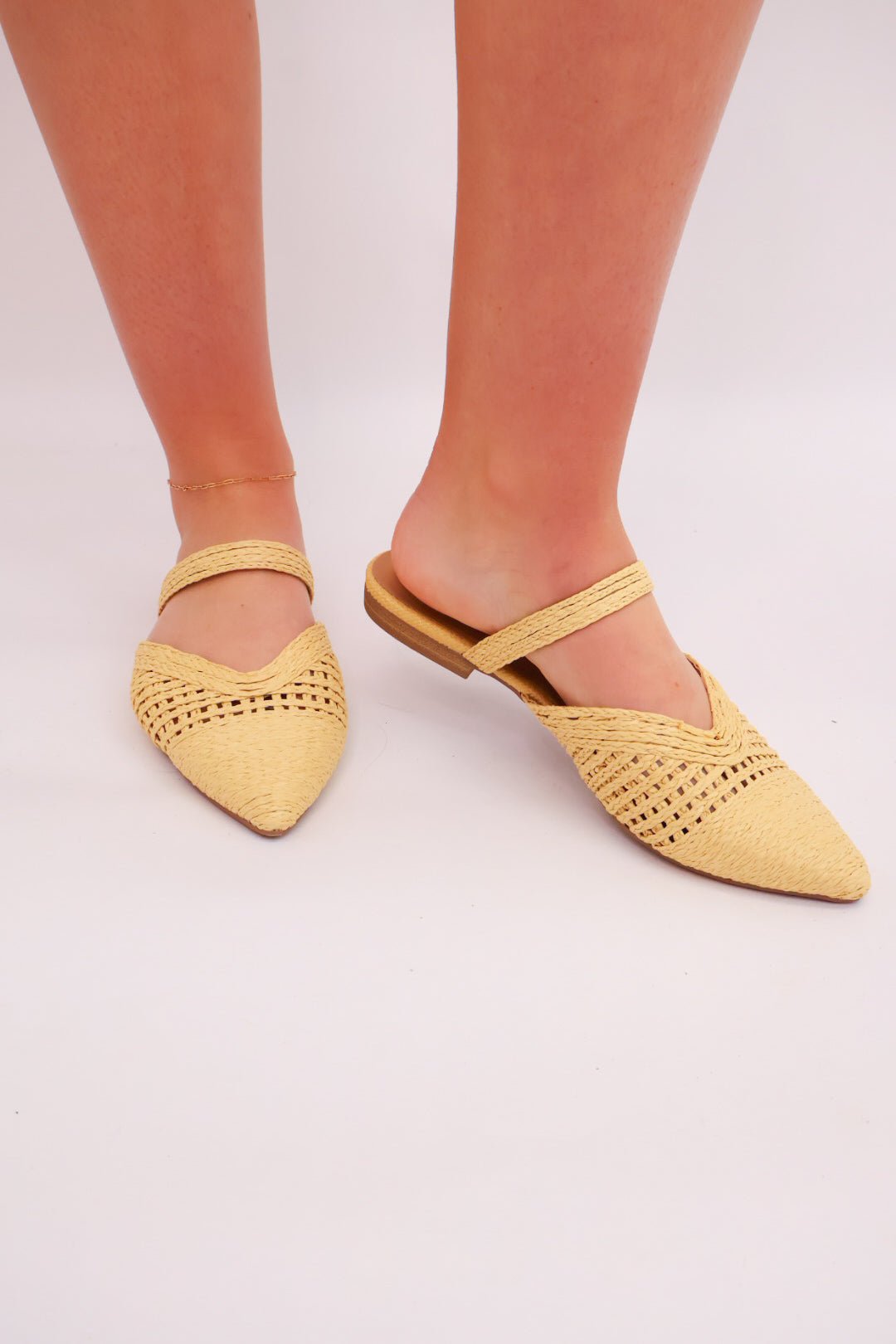 Woven Raffia Pointed-Toe Mule Flats