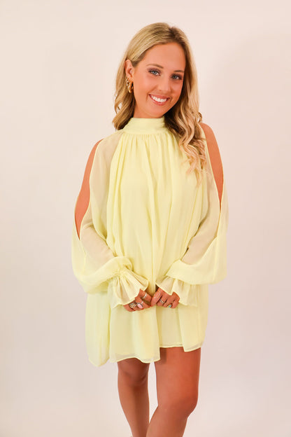 Citron Open Shoulder Chiffon Mini Dress