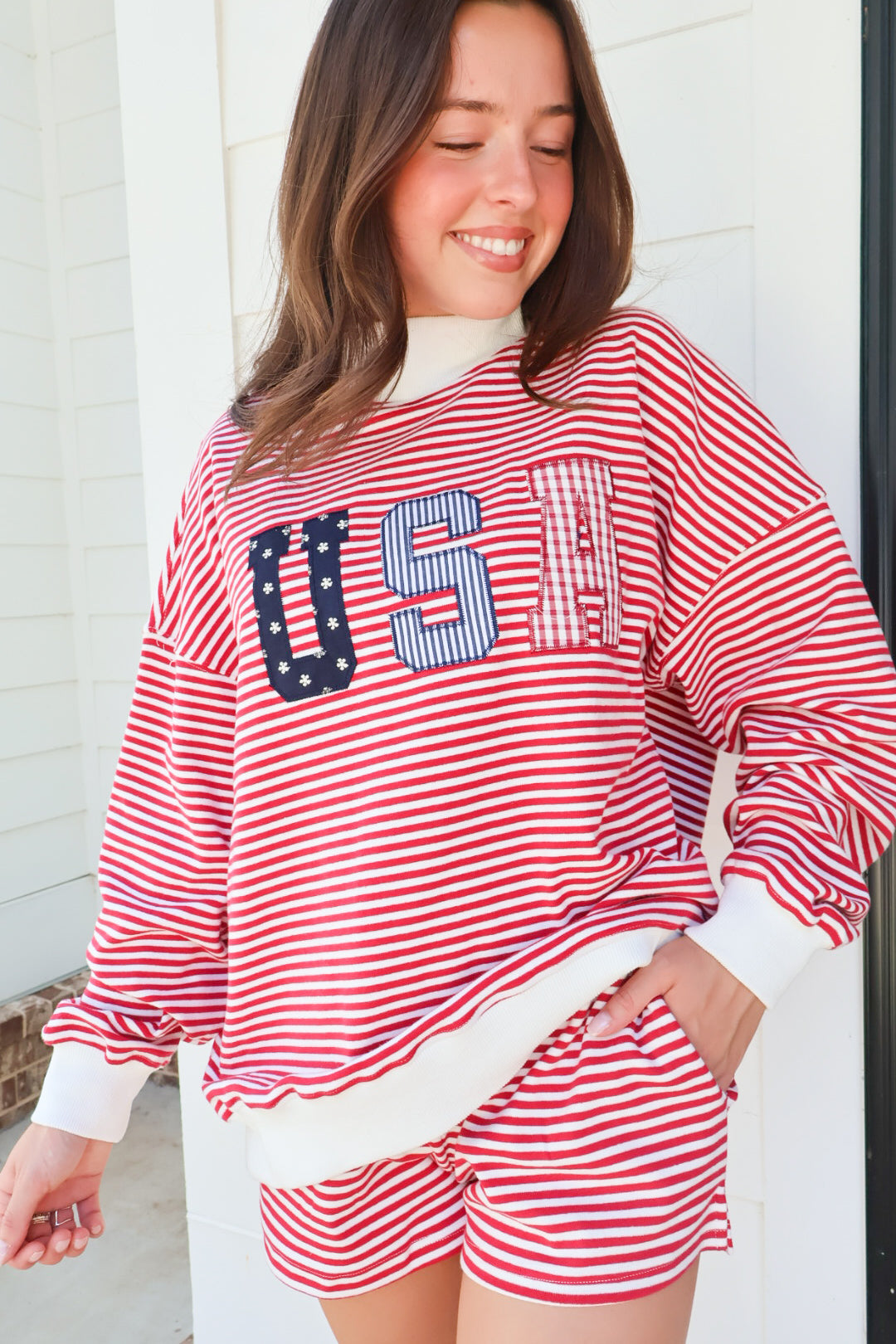 USA Patchwork Mockneck Pullover & Shorts Set