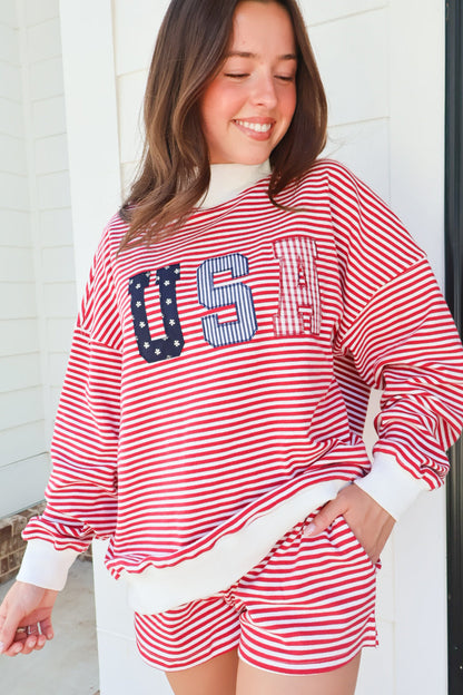 USA Patchwork Mockneck Pullover & Shorts Set