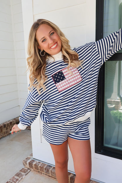 Flag Embroidered Mockneck Pullover & Shorts Set