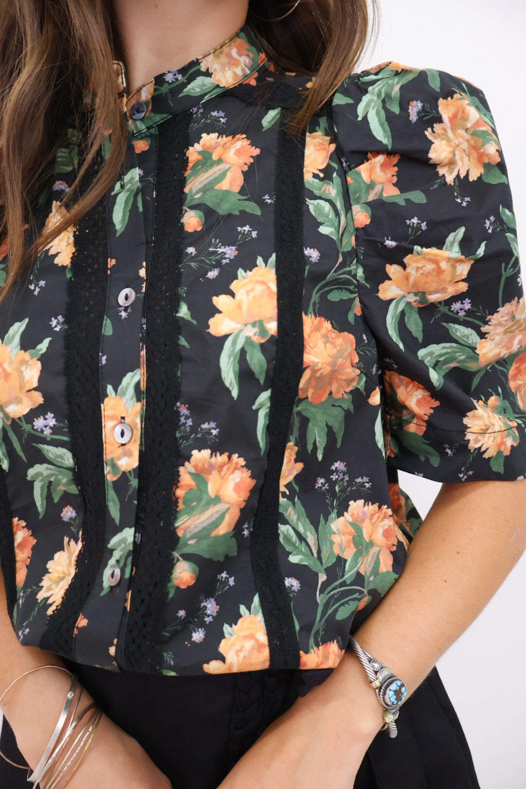 Midnight Marigold Floral Puff Sleeve Top
