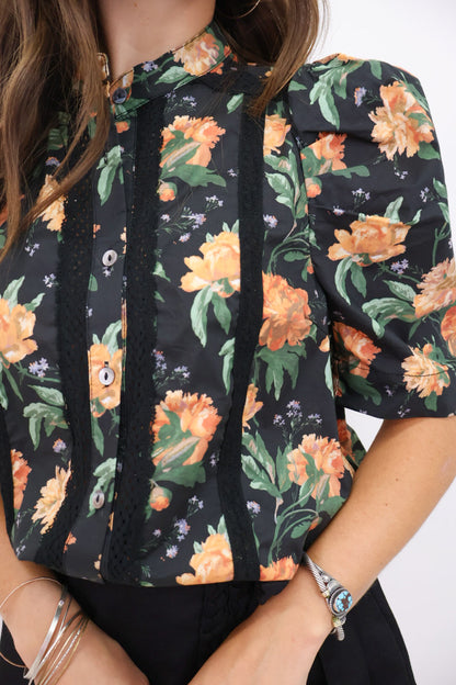 Midnight Marigold Floral Puff Sleeve Top