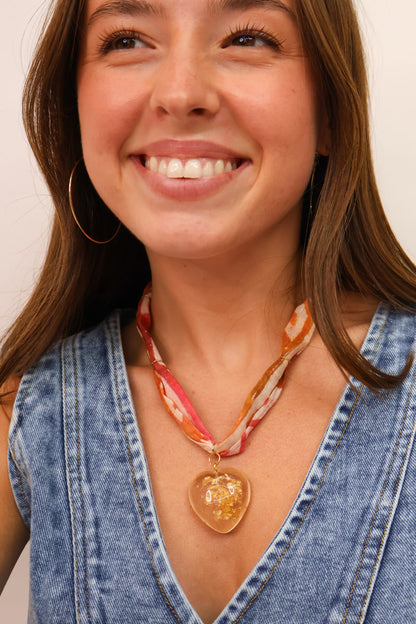 Scarf Necklace with Clear Heart Pendant