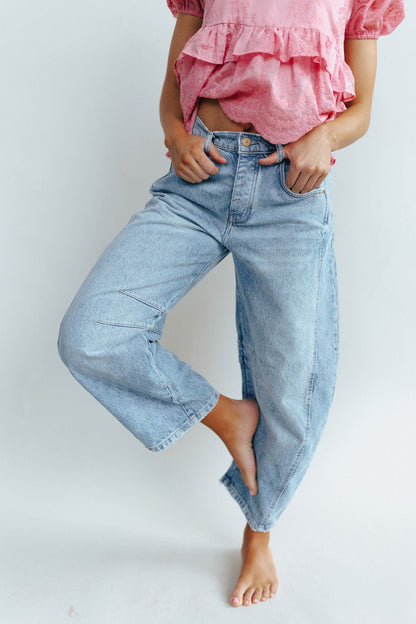 Free People Good Luck Mid-Rise Barrel Jeans in Ultra Light Beam