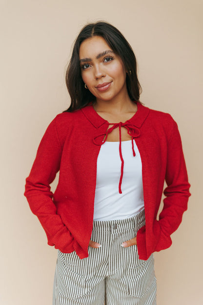 Kat Bow Tie Open Cardigan in Red