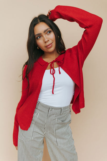 Kat Bow Tie Open Cardigan in Red