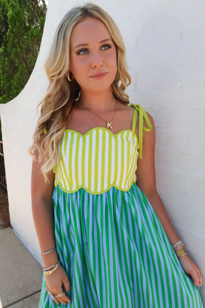 Kiwi and Lime Striped Scallop Midi Dress