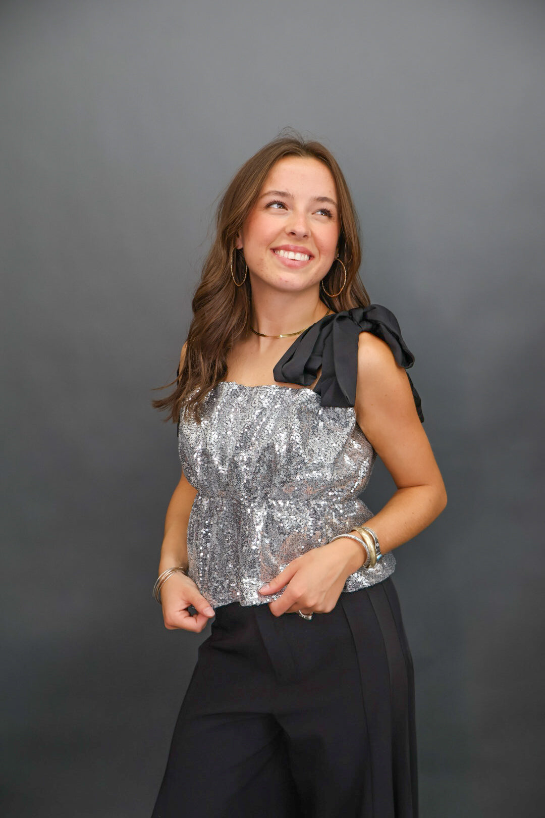 Silver Sequin Shoulder Tie Top