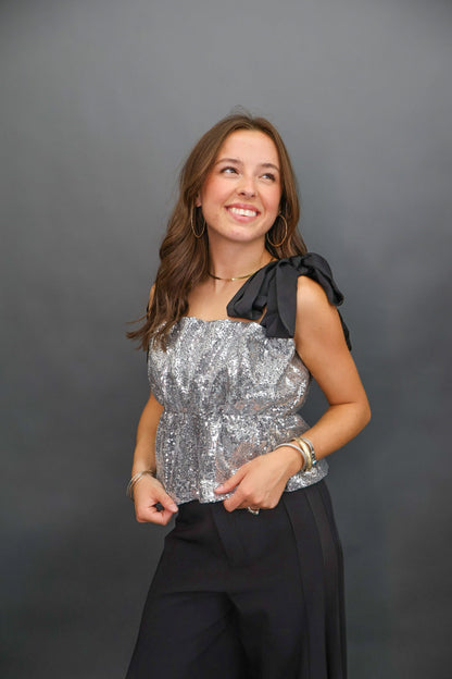 Silver Sequin Shoulder Tie Top