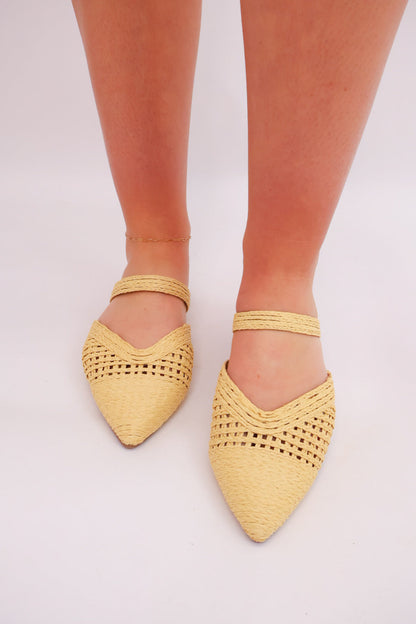Woven Raffia Pointed-Toe Mule Flats