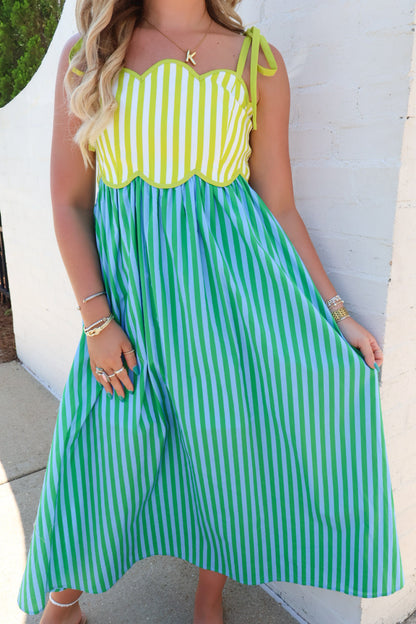 Kiwi and Lime Striped Scallop Midi Dress