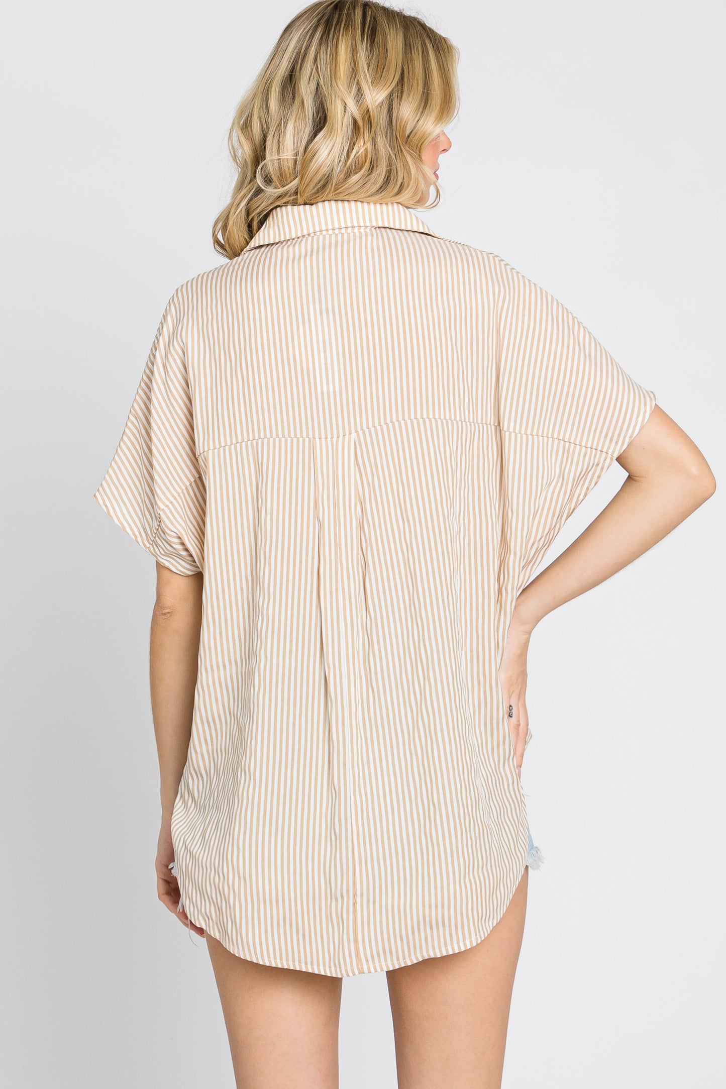 Beige Collared Short Sleeve Top