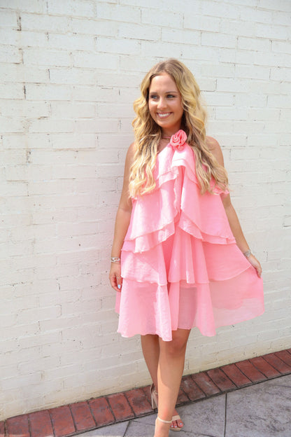 Tiered Rose Bud Halter Dress - Pink