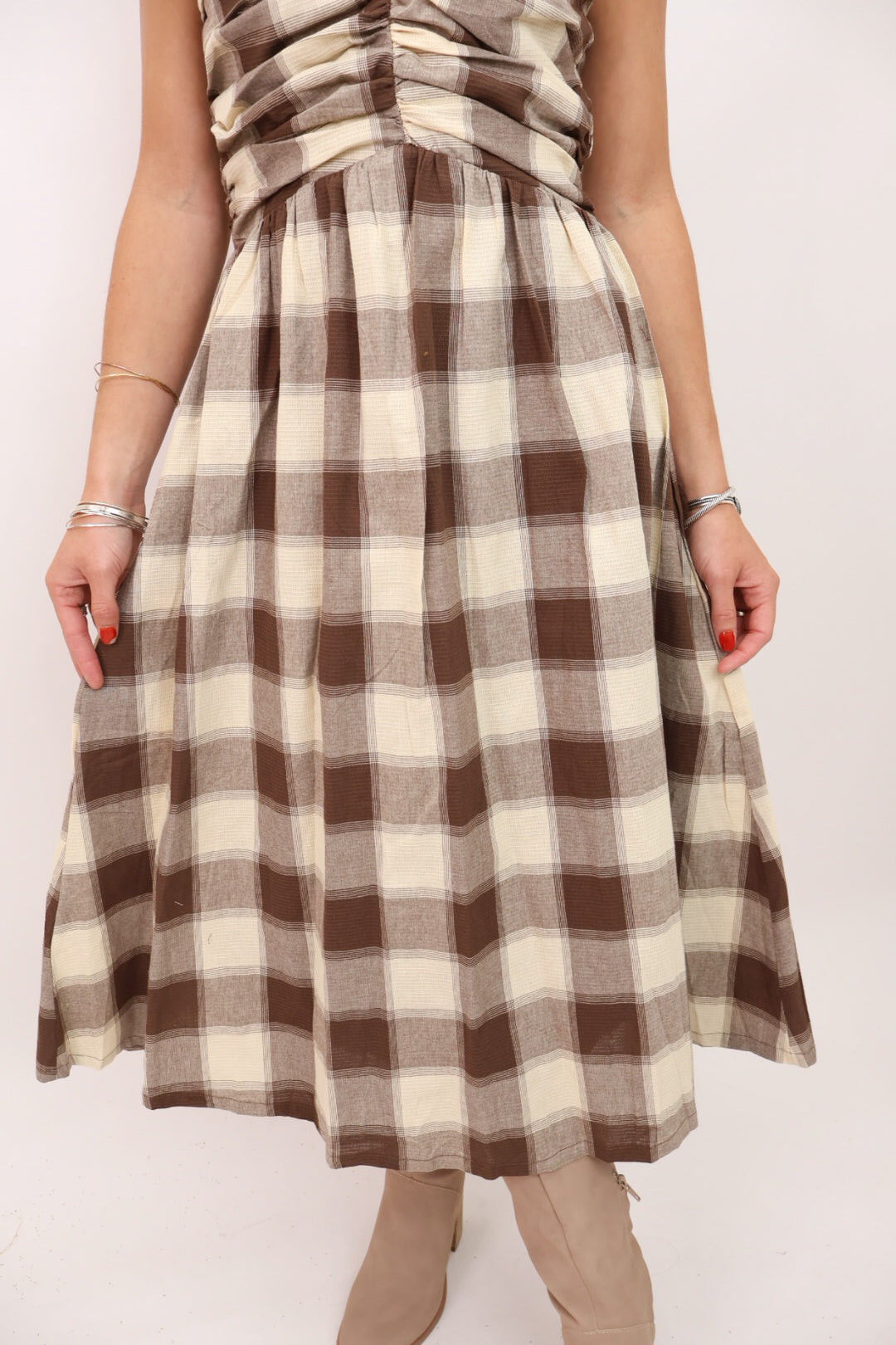 Brown Plaid Sleeveless Midi Dress