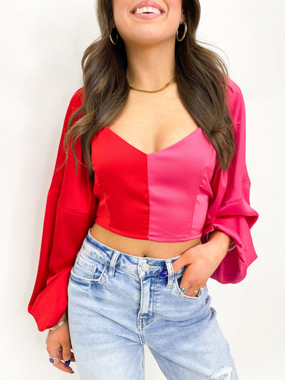 Color Blocked Satin Crop Top - Red and Pink