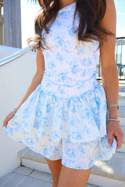 Floral Ruffle Athletic Dress - Blue