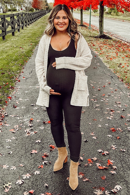 Beige Brushed Chenille Knit Maternity Cardigan