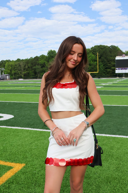 Red Sequin Trimmed White Crop Top and Mini Skirt Set