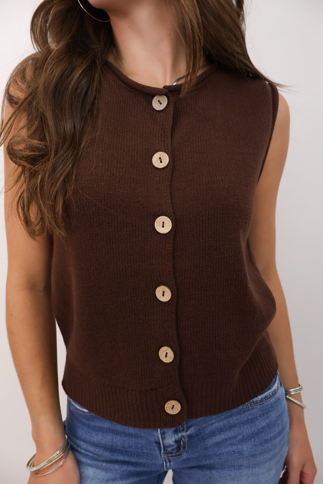 Sleeveless Button Front Knit Vest Top - Brown