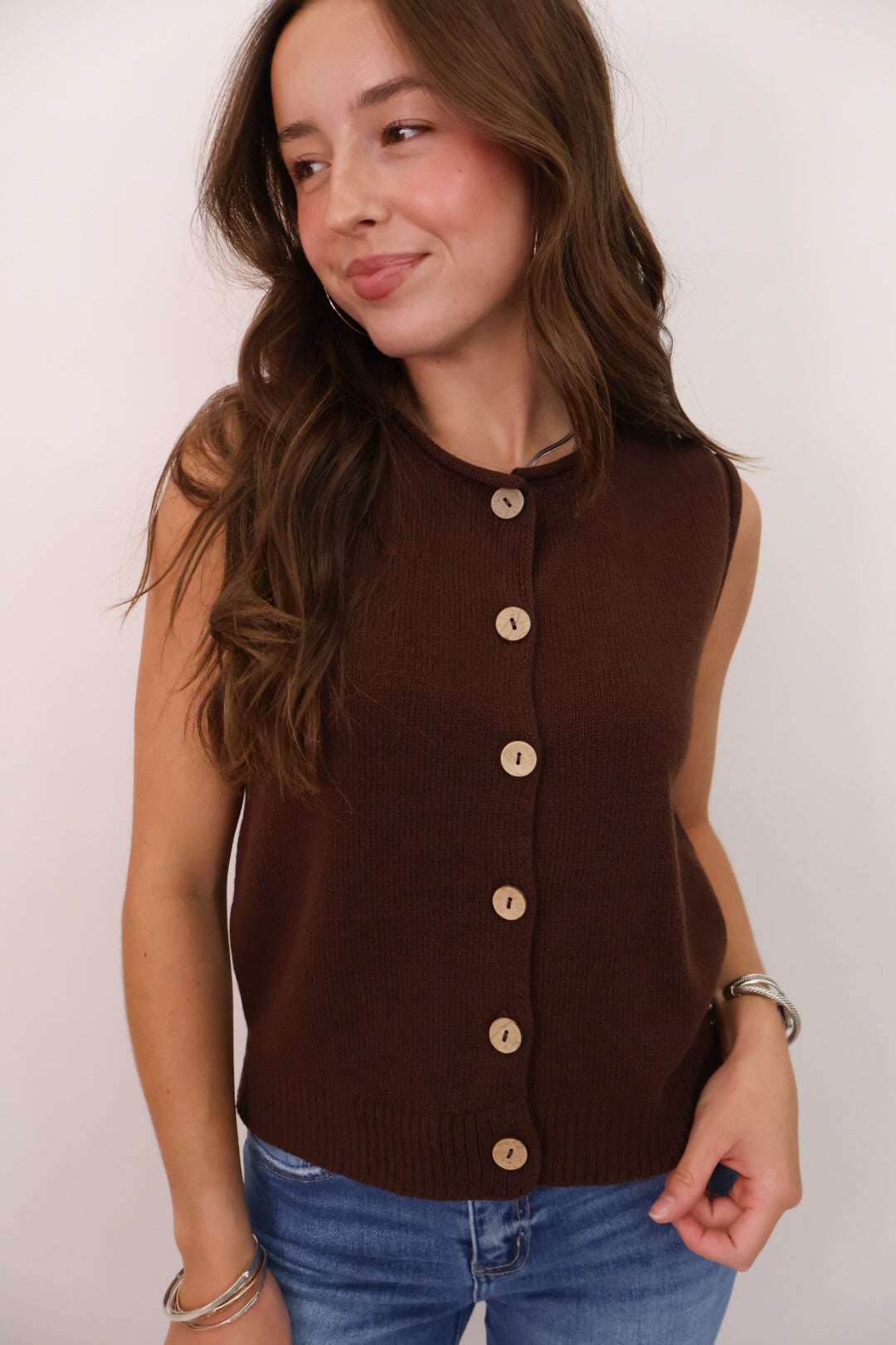 Sleeveless Button Front Knit Vest Top - Brown