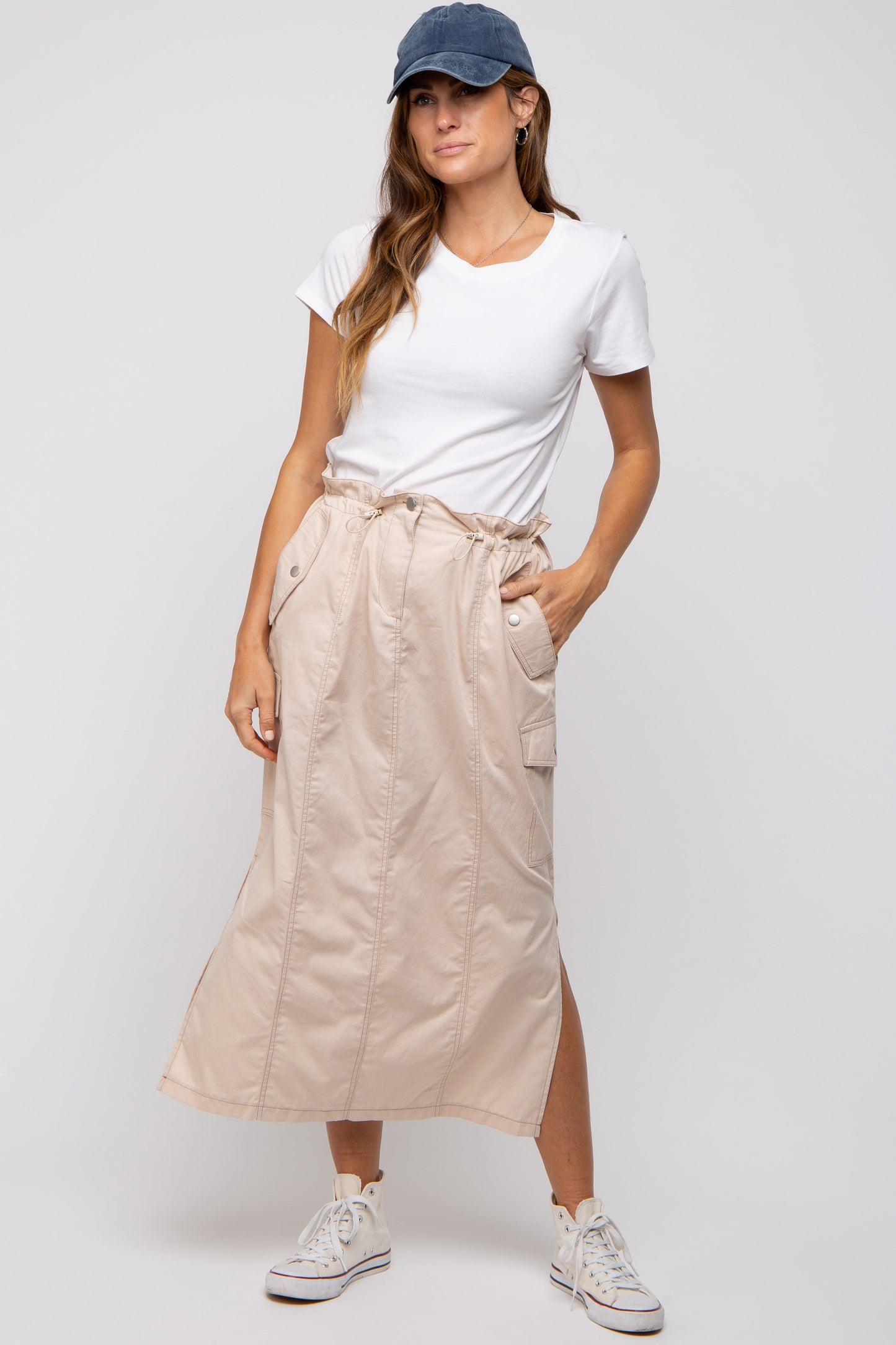 Beige Cargo Cinched Midi Skirt