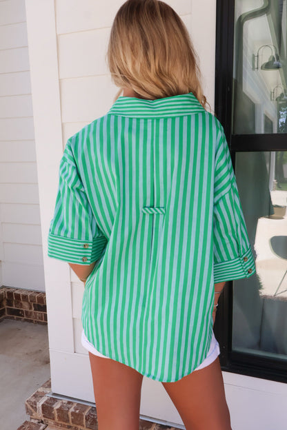 Kelly Green Striped Button Front Top