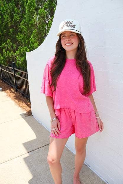 Mineral Washed Shorts Set - Pink
