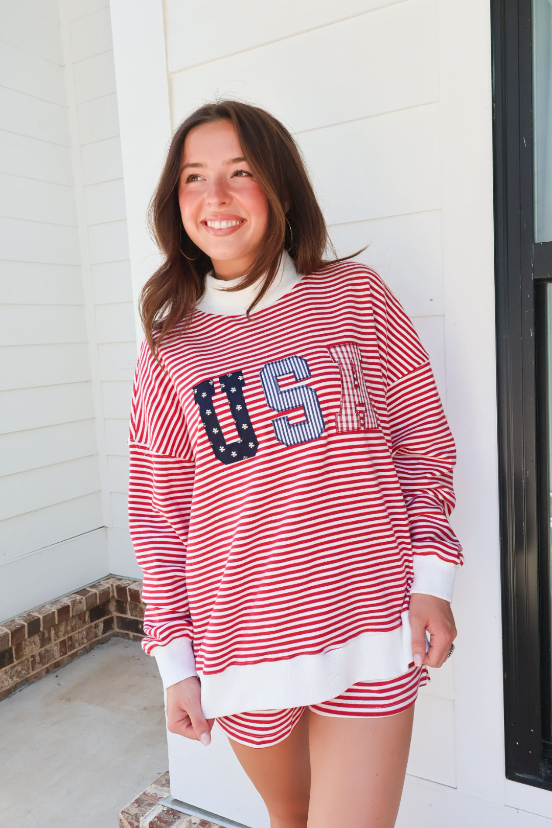 USA Patchwork Mockneck Pullover & Shorts Set
