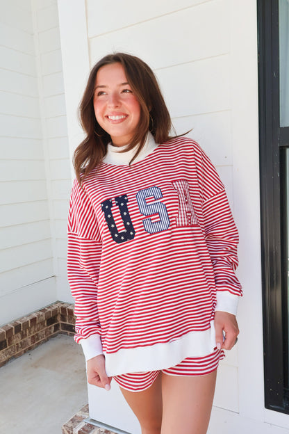 USA Patchwork Mockneck Pullover & Shorts Set
