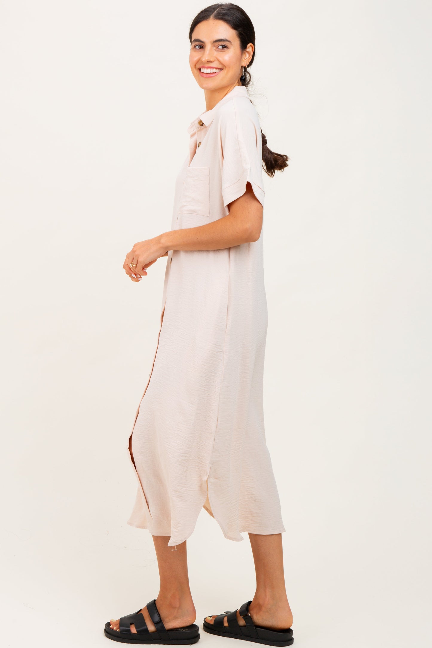 Beige Button Down Front Pocket Midi Dress