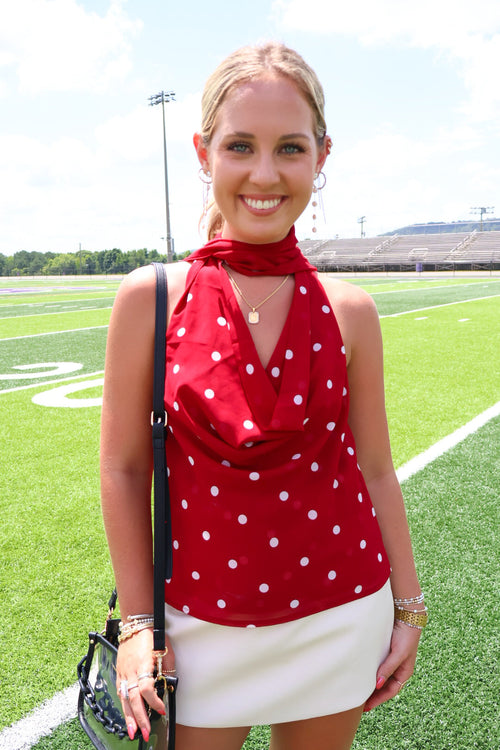 Red Polka Dot Halter Top with Scarf Tie