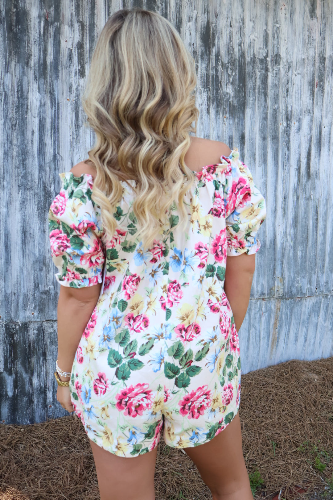 Cream Floral Off-The-Shoulder Babydoll Romper