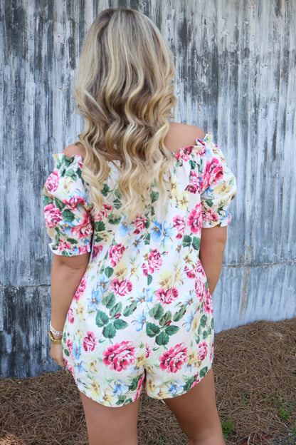 Cream Floral Off-The-Shoulder Babydoll Romper