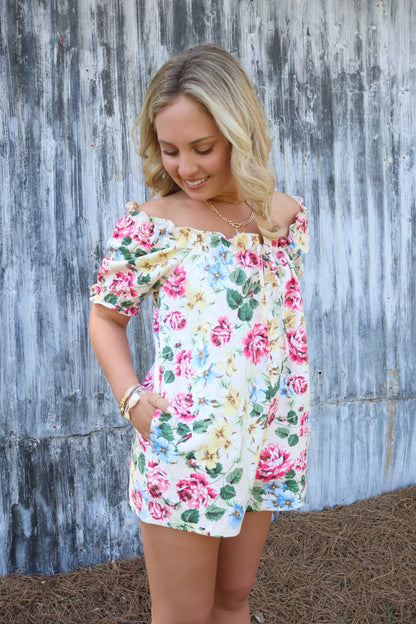 Cream Floral Off-The-Shoulder Babydoll Romper