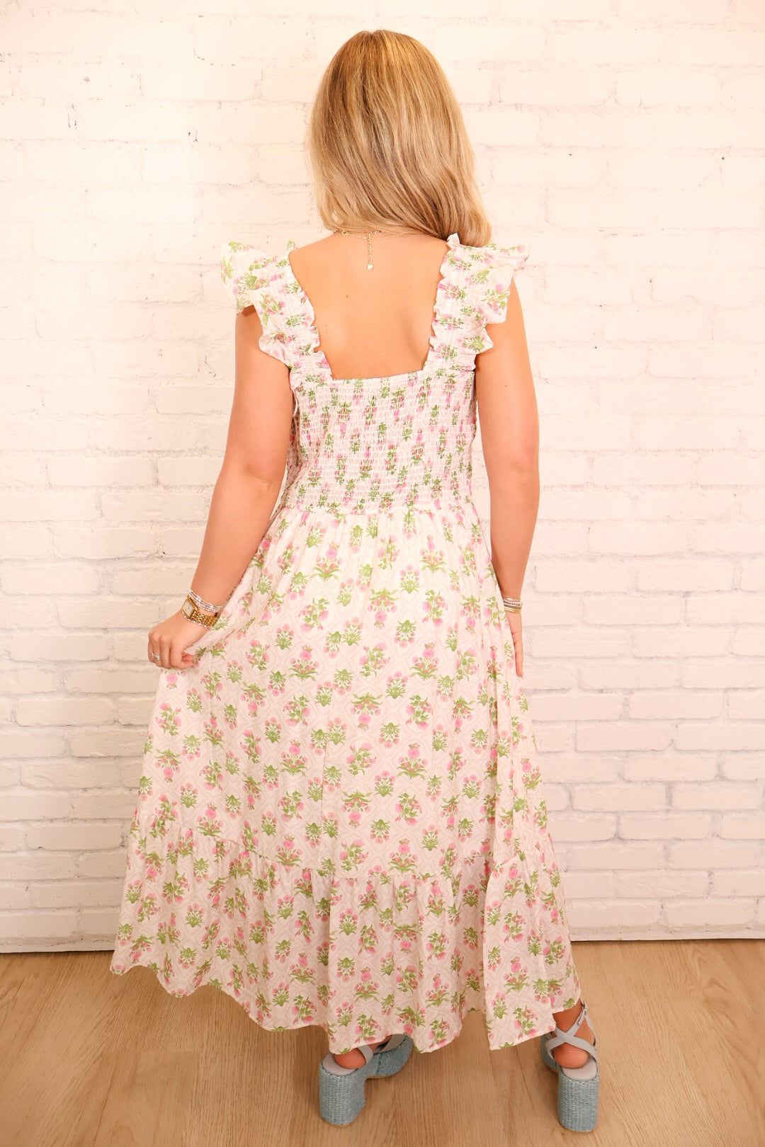 Block Floral Smocked Maxi Dress - Pink