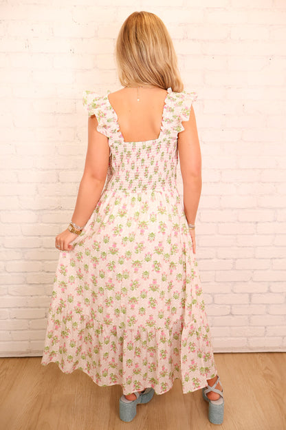 Block Floral Smocked Maxi Dress - Pink