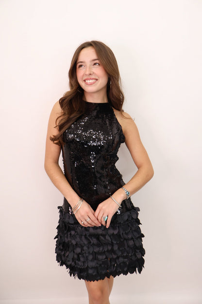 Black Sequin and Satin Feather Mini Dress