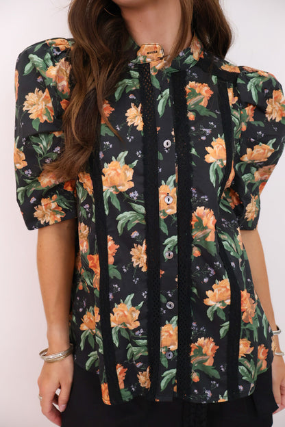 Midnight Marigold Floral Puff Sleeve Top