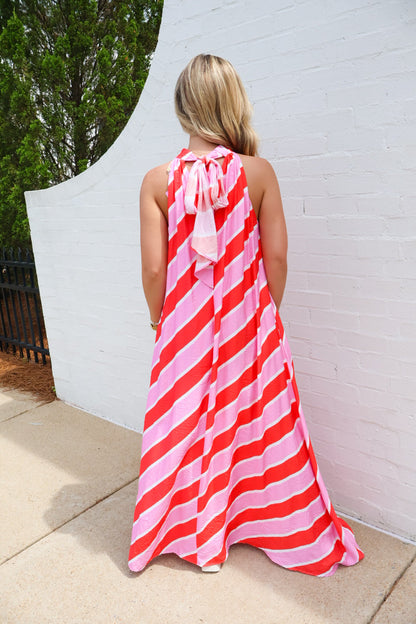 Pink Striped Halter Maxi Dress