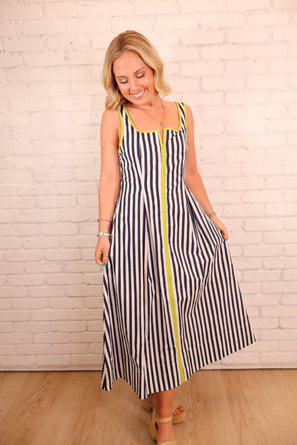 Green Trim Striped Midi Dress